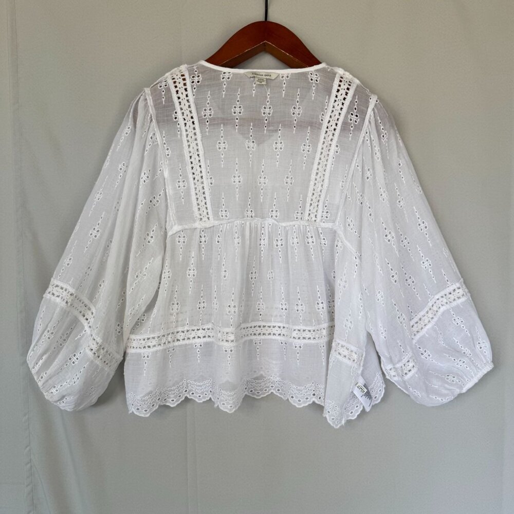 American Eagle White Embroidered Lace Ballon 3/4 Sleeve Peasant Babydoll Blouse - Picture 11 of 16